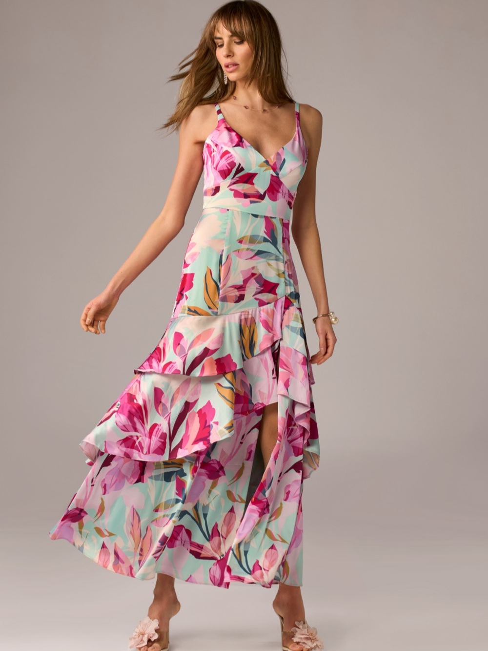 Boston Proper Pink Floral Ruffle Maxi Dress